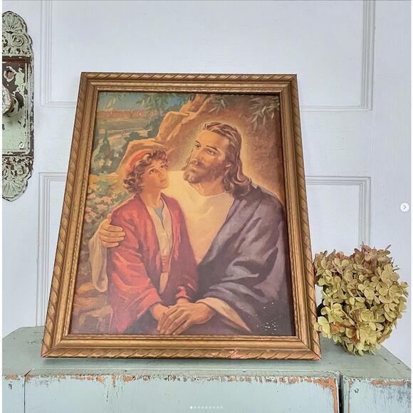 Vintage Religious Litho Print Jesus Boy Signed Warner Sallman Framed No Glass - Picture 1 of 7